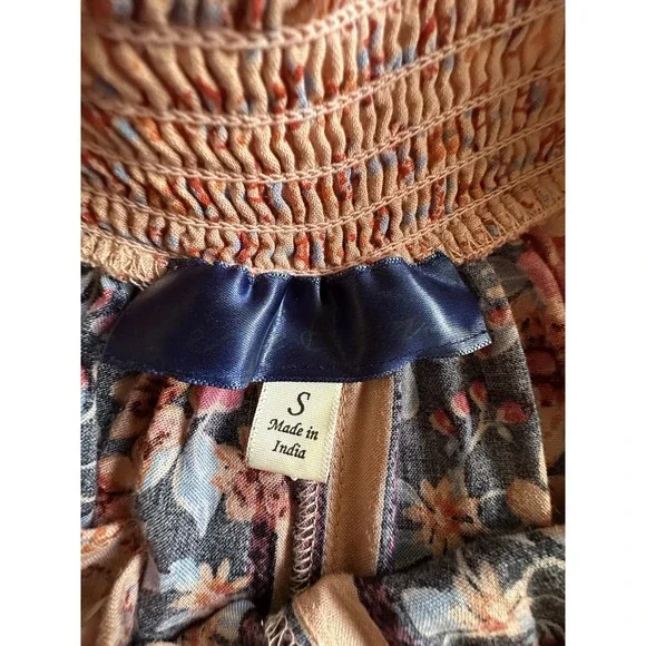 Blue Rain Floral Wide Leg Palazzo Pants Smocked Waist Pink Boho Size Small - Picture 7 of 10